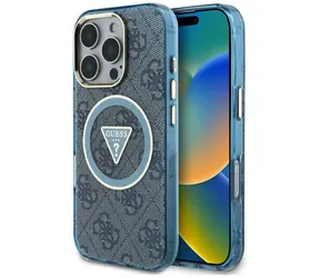 Guess IML 4G Glitter Triangle MagSafe kryt pro iPhone 16 Pro Max modrá / Kryt / MagSafe / Třpytivý vzor