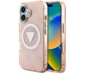 Guess IML 4G Glitter Triangle MagSafe kryt pro iPhone 16 růžová / Kryt / MagSafe / Třpytivý vzor