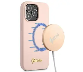 Guess Silicone Script Gold Logo světle růžová / Zadní kryt / iPhone 13 Pro Max / MagSafe