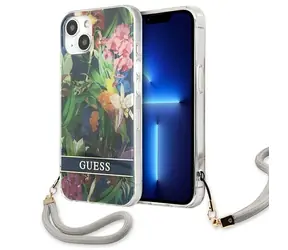 Guess Flower Strap modrá / Pouzdro / Apple iPhone 13 mini / tvrzený plast / poutko s květinovým vzorem