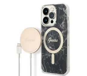 Guess Marble MagSafe černá / Sada kryt a bezdrátová nabíječka / Apple iPhone 14 Pro / 6,1"