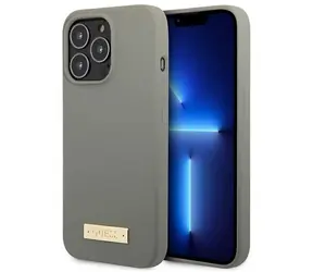 Guess GUHMP13LSPLG šedá / Kryt pro Apple iPhone 13 Pro / Silikonový / MagSafe / Logo Plate