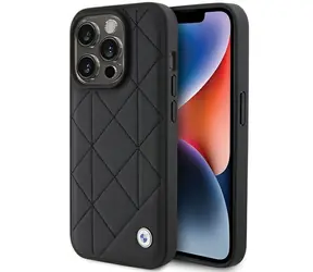 BMW Prošívaný kožený kryt pro iPhone 15 Pro Max černá / Zadní kryt