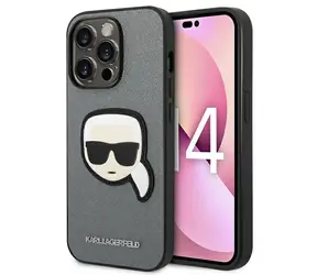 Karl Lagerfeld Saffiano Karl's Head stříbrná / Zadní kryt / Apple iPhone 14 Pro / Umělá kůže saffiano