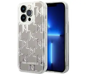 Karl Lagerfeld Liquid Glitter Monogram stříbrná / Kryt pro Apple iPhone 14 Pro Max / Hardcase / 6,7”