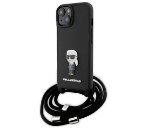 Karl Lagerfeld Saffiano Crossbody Karl & Choupette černá pro iPhone 15 / Zadní kryt / Monogram, kovový přívěsek