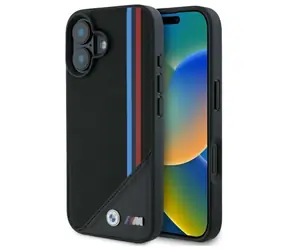 BMW M Meshed Tricolor Stripes pro Apple iPhone 16 černá / Zadní kryt / Síťovaný povrch / Trojbarevné pruhy BMW M