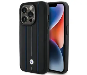 BMW Leather Stamp Blue Line kryt černá / Zadní kryt / iPhone 15 Pro Max / kůže / modrý pruh