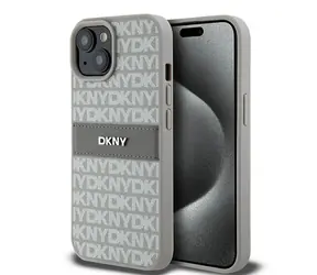 DKNY Leather Mono Stripe béžová / Zadní kryt / iPhone 15 Plus, iPhone 14 Plus / Kovové logo