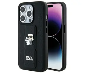 Karl Lagerfeld Gripstand Saffiano černá / Zadní kryt / Karl & Choupette Pins / pro iPhone 14 Pro