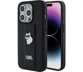 Karl Lagerfeld Gripstand Saffiano kryt černá / Kryt / iPhone 15 Pro / se stojánkem / Saffiano kůže / motiv Choupette