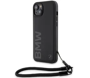 BMW Signature Leather Wordmark Cord černá / Zadní kryt / iPhone 15/14/13