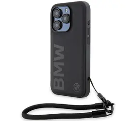 BMW Signature Wordmark Cord černá / Zadní kryt / Kožený / Se šňůrkou / iPhone 15 Pro Max