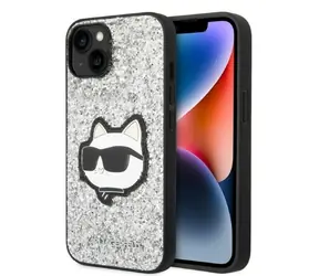 Karl Lagerfeld Glitter Choupette Patch stříbrná / Zadní kryt / Apple iPhone 14 / Hardcase