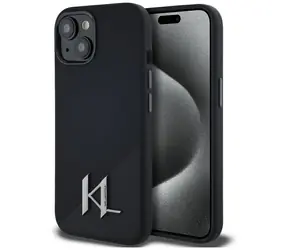 Karl Lagerfeld Silicone Shadow černá pro iPhone 15 / MagSafe zadní kryt / silikonový, kovové iniciály