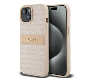 DKNY Kožený kryt s pruhem pro iPhone 15 Plus a 14 Plus růžová / Zadní kryt / Kovové logo
