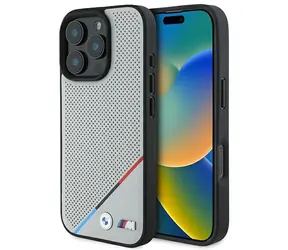 BMW M Perforated Tricolor Line pro iPhone 16 Pro šedá / Zadní kryt / MagSafe