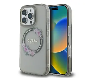 Guess IML Flowers Wreath MagSafe černá / Zadní kryt / iPhone 16 Pro