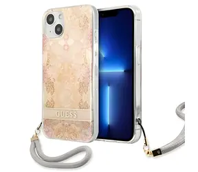 Guess Flower Strap zlatá / Pouzdro / Apple iPhone 13 mini / tvrzený plast / poutko s květinovým vzorem
