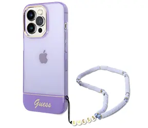 Guess Translucent Pearl Strap iPhone 14 Pro fialová / Zadní kryt / Translucentní / S řemínkem přes ruku