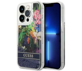 Guess Liquid Glitter Flower modrá / Zadní kryt / Apple iPhone 14 Pro / Hardcase