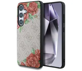 Guess Leather 4G Flowers Print MagSafe růžová / Zadní kryt / Samsung Galaxy S25