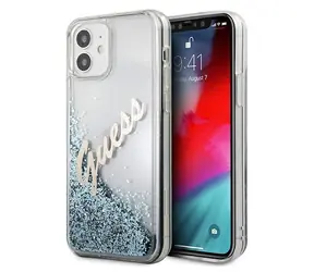 GUESS Glitter Vintage Script modrá / Plastový zadní kryt pro Apple iPhone 12 mini