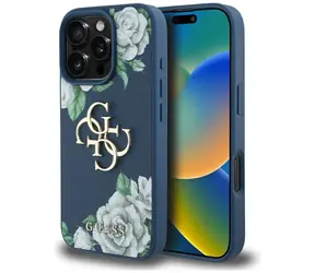 Guess Grained Roses Big 4G Logo modrá / Zadní kryt / iPhone 16 Pro Max