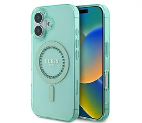 Guess IML Rhinestones MagSafe zelená / Pouzdro pro iPhone 16 / MagSafe