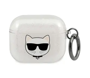 Karl Lagerfeld Glitter Choupette Head stříbrná / Pouzdro / pro Apple AirPods 3 / třpytivý design