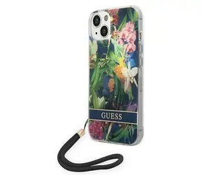 Guess GUOHCP14SHFLSB Flower Strap modrá / Zadní kryt / pro Apple iPhone 14 / se šňůrkou / plastový