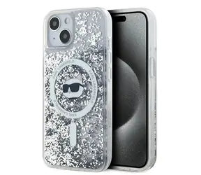 Karl Lagerfeld Liquid Glitter Choupette Head čirá / Zadní kryt pro iPhone 15 Plus, 14 Plus / MagSafe