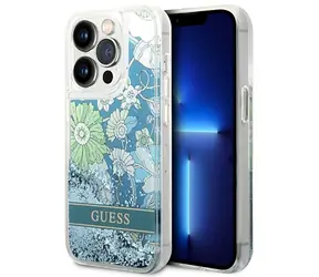 Guess Liquid Glitter Flower zelená / Zadní kryt / pro Apple iPhone 14 Pro Max