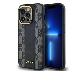 DKNY Leather Checkered Mono Pattern MagSafe černá / Kožené pouzdro / iPhone 14 Pro Max