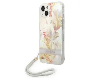Guess Flower Strap fialová / Zadní kryt na iPhone 14 Plus / 6,7" / Tvrzený plast s řemínkem