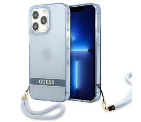 GUESS Hardcase Translucent Strap modrá / Pouzdro / iPhone 13 Pro, iPhone 13 / průhledné, se šňůrkou
