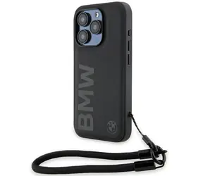 BMW Signature Leather Wordmark Cord černá / Zadní kryt / iPhone 15 Pro / kožený se šňůrkou