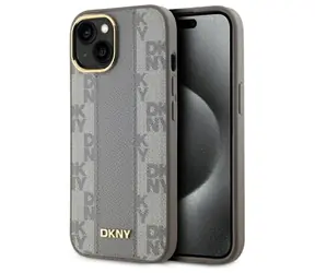 DKNY Leather Checkered Mono Pattern béžová / Zadní kryt / Apple iPhone 15 Plus / MagSafe / Kůže
