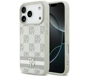 DKNY PU Leather Checkered Pattern and Stripe béžová / Zadní kryt / Apple iPhone 17 Pro / kostkovaný vzor s pruhy