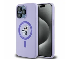 Karl Lagerfeld Silicone Karl and Choupette Heads Ring fialová / Zadní kryt pro iPhone 15 Pro Max / MagSafe