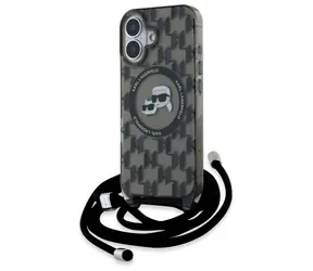 Karl Lagerfeld IML Monogram Karl & Choupette pro Apple iPhone 16 černá / Zadní kryt / MagSafe / Crossbody popruh