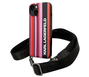 Karl Lagerfeld KLHCP14SSTSTP růžová / Pouzdro / pro Apple iPhone 14 / Tvrzené, vzor Color Stripes, se šňůrkou