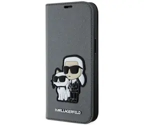 Karl Lagerfeld Saffiano Karl & Choupette iPhone 14 stříbrná / Pouzdro / Knížkové