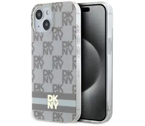 DKNY IML Checkered Mono Pattern & Printed Stripes béžová / Zadní kryt / pro iPhone 15, 14 a 13