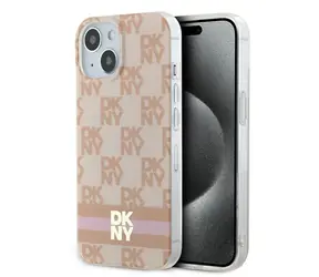 DKNY Kostkovaný kryt s pruhy pro iPhone 15, 14 a 13 růžová / Zadní kryt / MagSafe