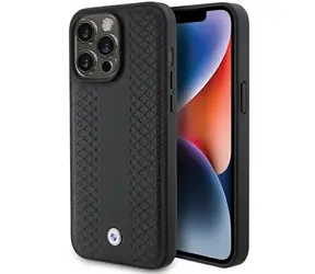 BMW Zadní kryt kožený s diamantovým vzorem pro iPhone 15 Pro Max černá / Pouzdro / Kožené