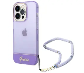 Guess Translucent Pearl Strap iPhone 14 Pro Max fialová / Zadní kryt / Translucentní / S řemínkem přes ruku
