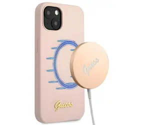 GUESS Silicone Script Gold Logo MagSafe růžová / Zadní kryt / Apple iPhone 13 / MagSafe