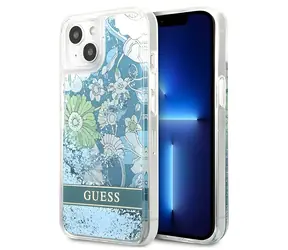 Guess Liquid Glitter Flower zelená / Zadní kryt / iPhone 13 / Hardcase
