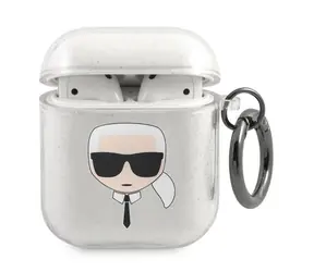 Karl Lagerfeld Glitter Karl's Head stříbrná / Pouzdro / Apple AirPods 1/2